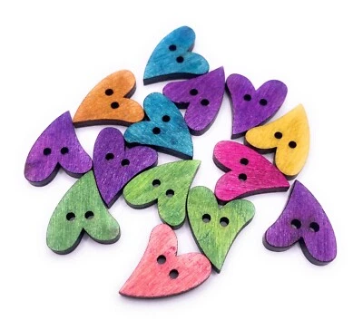 20mm Heart Shaped Wooden Buttons Bright Colours 2 Hole Cardigans Knitting Crafts - Image 1 of 4