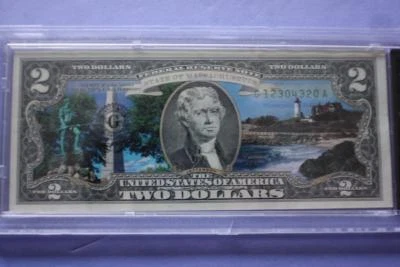 MASSACHUSETTS STATE - U.S COLORIZED $2 BANK NOTE AUTHENTICATED UNCIRCULATED BILL - Image 1 of 3