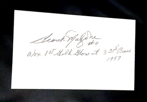 FRANK MALZONE added "WON 1ST GOLD GLOVE AT 3RD BASE 1957" SIGNED INDEX CARD 3X5 - Picture 1 of 1