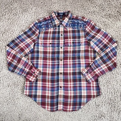 CHAPS Red Blue Plaid Embroidered Shoulder Lightweight Flannel Shirt Womens S - Image 1 of 4