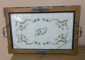 ANTIQUE TURKISH GOLD & SILVER METALLIC EMBROIDERY PANEL DOILY TOWEL WOOD TRAY - Picture 1 of 9