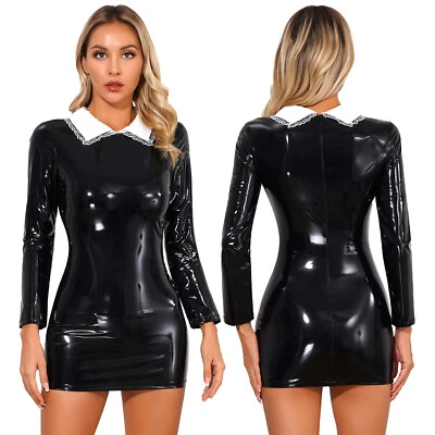 Women Wet Look Patent Leather Mini Dress Long Sleeve Zip Back Latex Party Dress - image 1 of 3