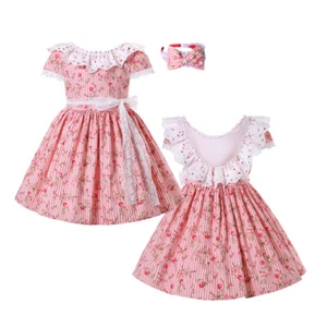 Girls Clothes Age 2-12 for Spring Summer with Hairdband Lace Tulle Sash Dresses - Picture 1 of 13