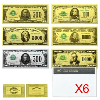 6pcs in Shell US Dollars Gold/Silver Foil Banknotes Plastic Crafts Money Set - Image 1 of 4