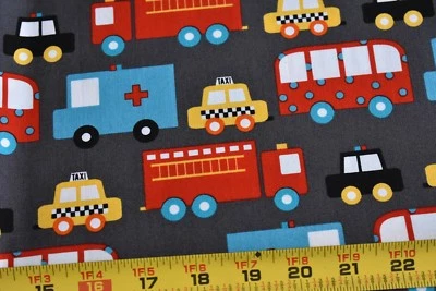 16" Long, Colorful Cars & Trucks on Gray Cotton, Kaufman/Kelle, N2945 - Image 1 of 4