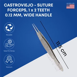 Castroviejo, fórceps de sutura, 1 x 2 dientes, 0,5 mm y 0,3 mm y 0,12 mm, mango ancho, - Imagen 1 de 7