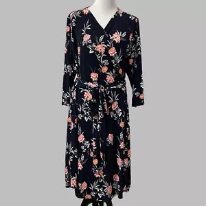 Abito Lane Bryant 22/24 blu navy floreale cravatta davanti maniche a 3/4 lunghezza ginocchio - Foto 1 di 9