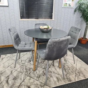 Dining Table Set Of 4 Round Grey Dining Table And 4 Grey Velvet Tufted Chairs - Picture 1 of 12