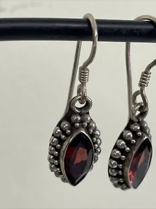Vintage Red Natural Crystals Stone Sterling Silver 925 Signed Dangle Earrings - Picture 1 of 14