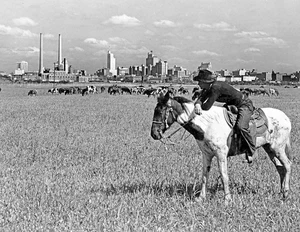 1945 Cowboy & Horse Dallas Texas Skyline Retro Foto Poster Stampa 4X6 - Foto 1 di 12