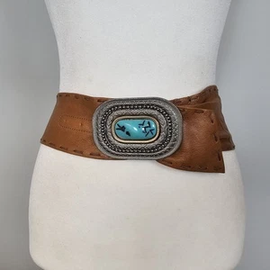Cinturón de cuero Buckskin 34 M 32-36" ancho Southwest llamativo imitación turquesa hebilla - Imagen 1 de 16