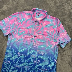 Chubbies Polo Shirt Mens L Blue Pink Floral Tiger All Over Print Short Sleeve - Picture 1 of 9