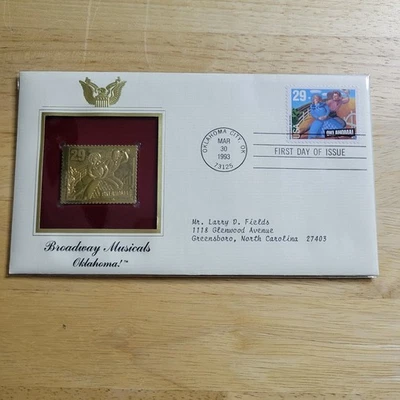 Réplica de sello de oro de 22 quilates de Oklahoma Broadway Musicals edición de primer día con tarjeta Foto 1 de 4