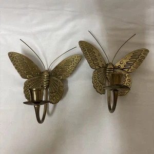 Vintage Messing Schmetterling Kerzenleuchter Paar Wandbehang Motte Kerzenständer - Bild 1 von 7