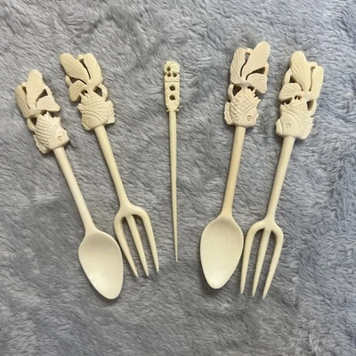 古董手工骨雕锦鲤鱼食欲橄榄用具套装波西米亚艺术装饰 — 第 1/2 张图片