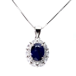 925 Sterling Silver Necklace Oval Blue Sapphire 8x6mm Natural Gemstone Jewelry - Picture 1 of 13