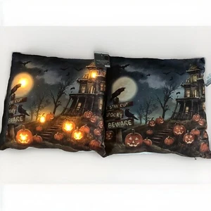2er Set Halloween Leuchtkissen Spukhaus eingestellt 17x17 funktionstüchtig - Bild 1 von 6