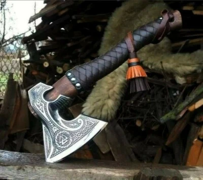 Custom Hand-forged Carbon Steel Hunting Bearded Axe Wood Handle Leather Sheath - Image 1 of 4