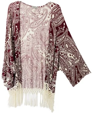 Charlotte Russe XL Cardigan Stretch Knit Wine/White Paisley Open Front Fringe - Image 1 of 4