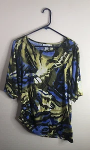Fashion Bug size S olive green/black/blue pullover top boat neck short sleeves - Picture 1 of 5