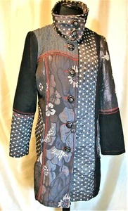 EUC Dislay Paris M Black Gray Red Funky Boho Floral Dots Lined High Neck Coat - Picture 1 of 5