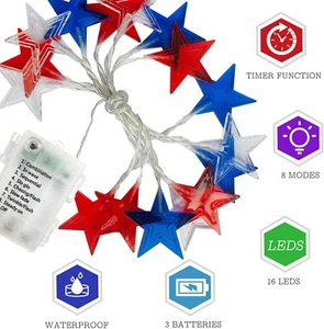 1 Pack Star American Flag String Light 4th of July 7.6Ft 16 LED Independence Day - Picture 1 of 4