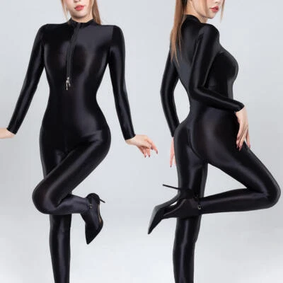 Women Shiny Satin Jumpsuit Bodysuit Zipper Open Crotch Catsuit Full Bodystocking - Image 1 of 4