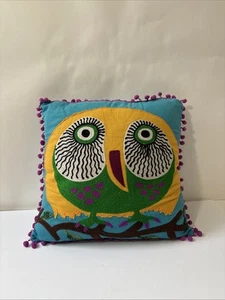 Karma Living Embroidered Owl On Branch Multicolor Funky Rare Throw Pillow 15x14" - Picture 1 of 16