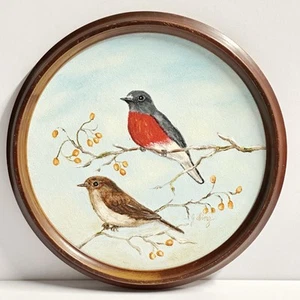 Vintage Original Painting Red Scarlet Robin Bird Pair Small Framed Artwork (t59) - Picture 1 of 16