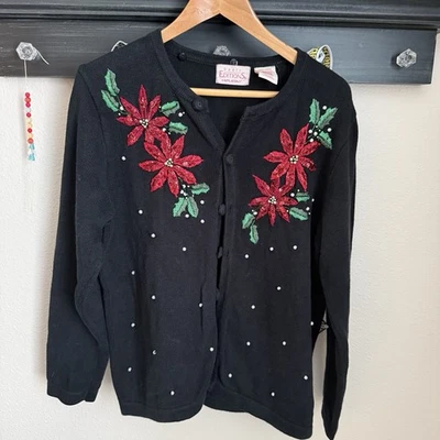 De Colección Suéter Navidad Poinsettia Cárdigan Bordado Feo Cuentas Teachercore L Foto 1 de 4