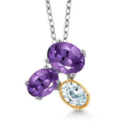 Collar Colgante Plata 925 y Oro Amarillo 10K Amatista y Aguamarina Para Foto 1 de 4