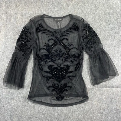 Vintage Y2K Goth Vampire Blouse Top Women's XS Sheer Velvet Trim Mesh Halloween - Image 1 of 4