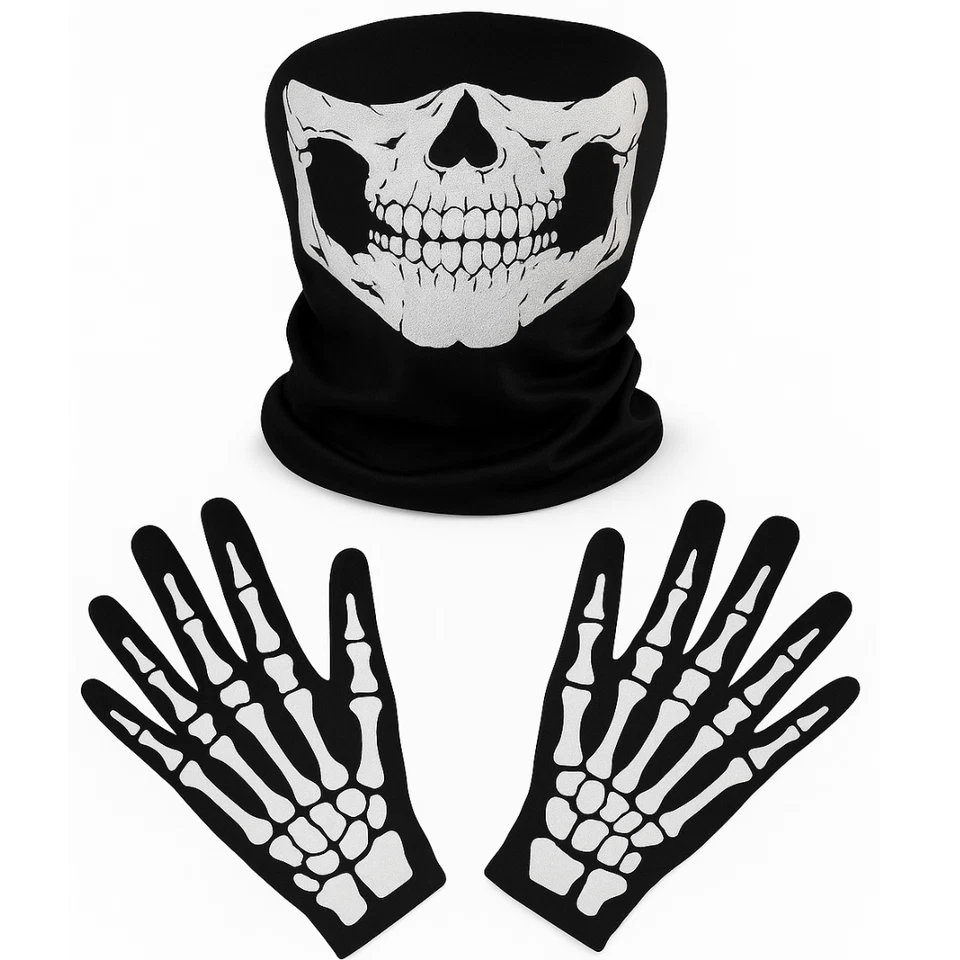 WS ACCESSORIES Skeleton Balaclava & Gloves Halloween Skull Bone Face Mask Party Cosplay Ghost