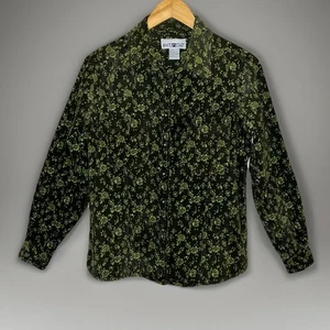 Camisa blanca ciervo verde abotonada floral pana cabaña otoño flores rosas - talla M - Imagen 1 de 11