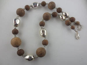 Sculptured Silvertone/Brown Wood/Crystal Glass Bead Choker Necklace - Picture 1 of 2