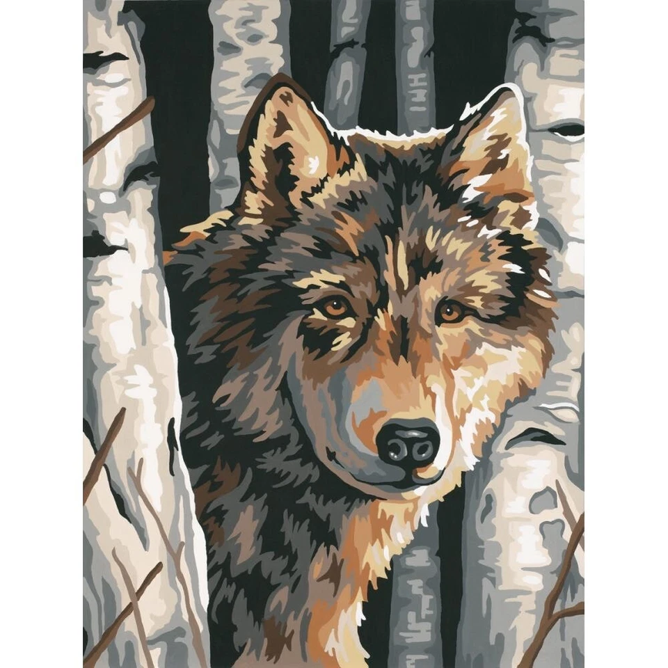 Paint Works Paint by Numbers Kit WOLF AMONG BIRCHES 9x12” FREE SHIPPING U.S. ONL - Image 1 of 1