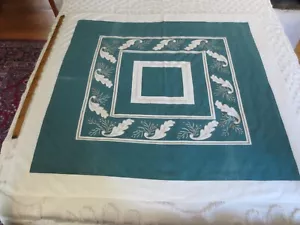 Vtg. FEATHER DESIGN Green, Gold & White COTTON TABLECLOTH - 46" x 50-1/2" - Picture 1 of 8