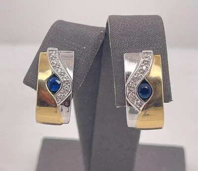0.26ct Natural Sapphire & Diamond Hoop Omega Back Earrings 14K White/Yellow Gold - Image 1 of 4