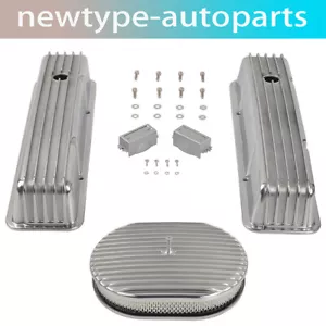 Para 1958-86 SBC Chevy Cubiertas de válvula con aletas altas y kit de filtro de aire completo ovalado de 12" - Imagen 1 de 9