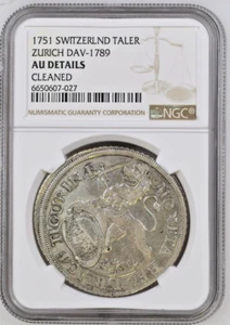 1751 Swiss Cantons ZURICH Thaler Silver Coin NGC AU-Details - Picture 1 of 4