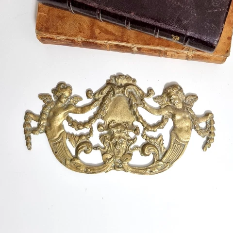 Evil devil face mascaron angels Vintage brass pediment Furniture hardware 7.4 in Cover
