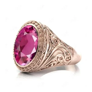 Pink Tourmaline 18K Gold, 10 Carat 17X12 mm Gemstone Wedding Signet Ring for Men - Picture 1 of 5