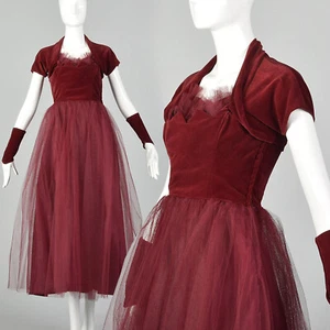 XXS 1940s Gown Vintage Prom Dress VTG 40s Vintage Bridesmaid Wrist Gauntlets - Picture 1 of 10