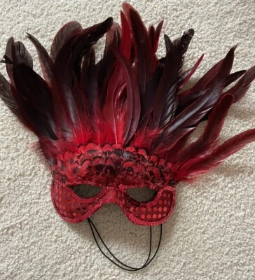 Fancy Mardi Gras Mask with tall Mardi Gras Red colored feathers - Image 1 of 3