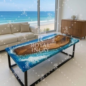 Modern Epoxy River Dining Table-Live Edge Wood &Blue Resin Luxury - Picture 1 of 13