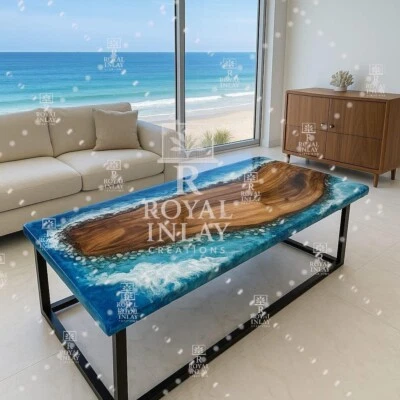 Modern Epoxy River Dining Table-Live Edge Wood &Blue Resin Luxury - Image 1 of 4