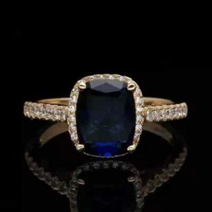 4Ct Cushion Lab-Created Blue Sapphire Halo Engagement Ring14K Yellow Gold Plated - Picture 1 of 6