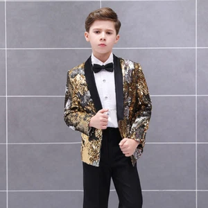 Kid Boys Glitter Reversible Two Tone Sequin Suit Jacket Coat Party Dance Wedding - Picture 1 of 16