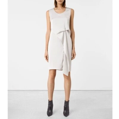 NUEVO ALLSAINTS Ultra Gathered Satén Sin Mangas Vestido Asimétrico Gris Tormenta 4 EE. UU. Foto 1 de 4