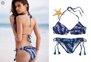 Victoria Secret 34DD Flonce Tease Halter Ink Blot Tie Dye Trail Medium tie Bikin - Picture 1 of 20